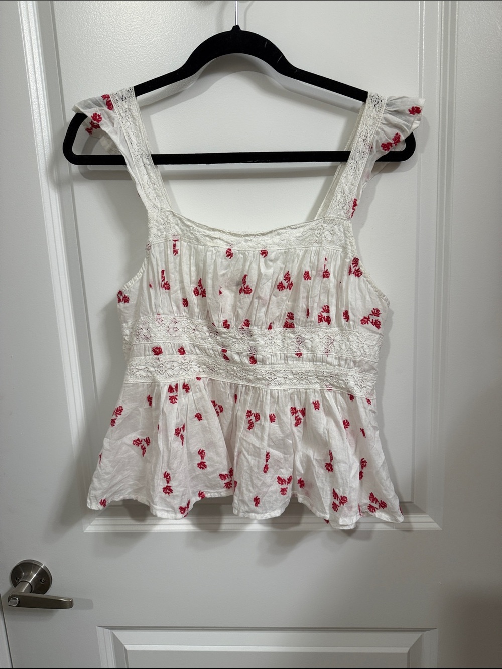 White Floral Lace-Trim Peplum Tank Top - Red Floral Free People